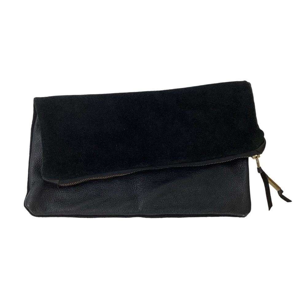 Black Leather Suede Patchwork Clutch Foldover Pouch Minimalist Y2K 90s Grunge